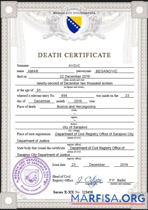 Downloadable Bosnia and Herzegovina vital record death certificate PSD template